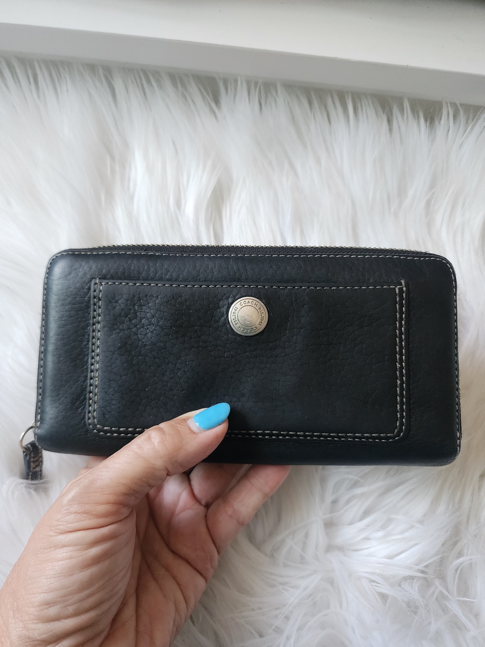 Vintage Coach Black Leather Zip-Around Wallet with Front Snap Pocket